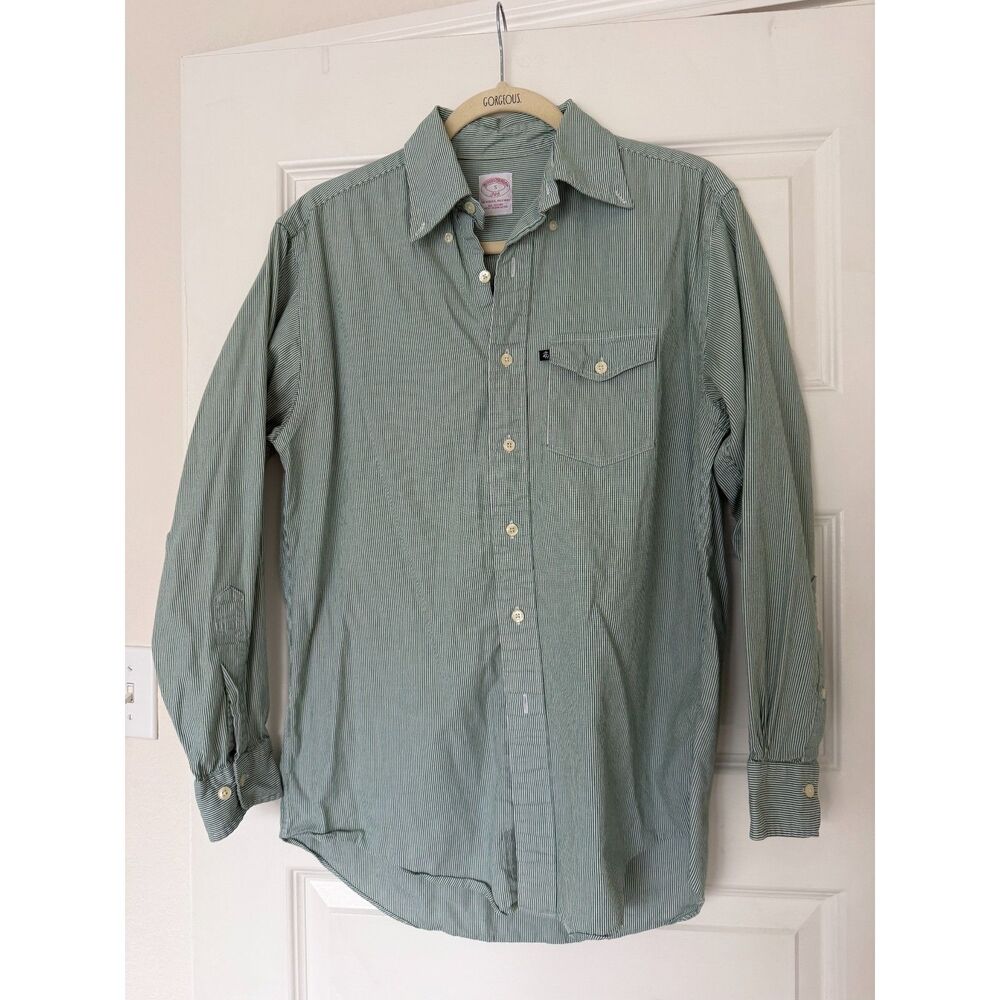 Vintage Brooks Brothers Green White Stripe 100% Cotton Button Down Small